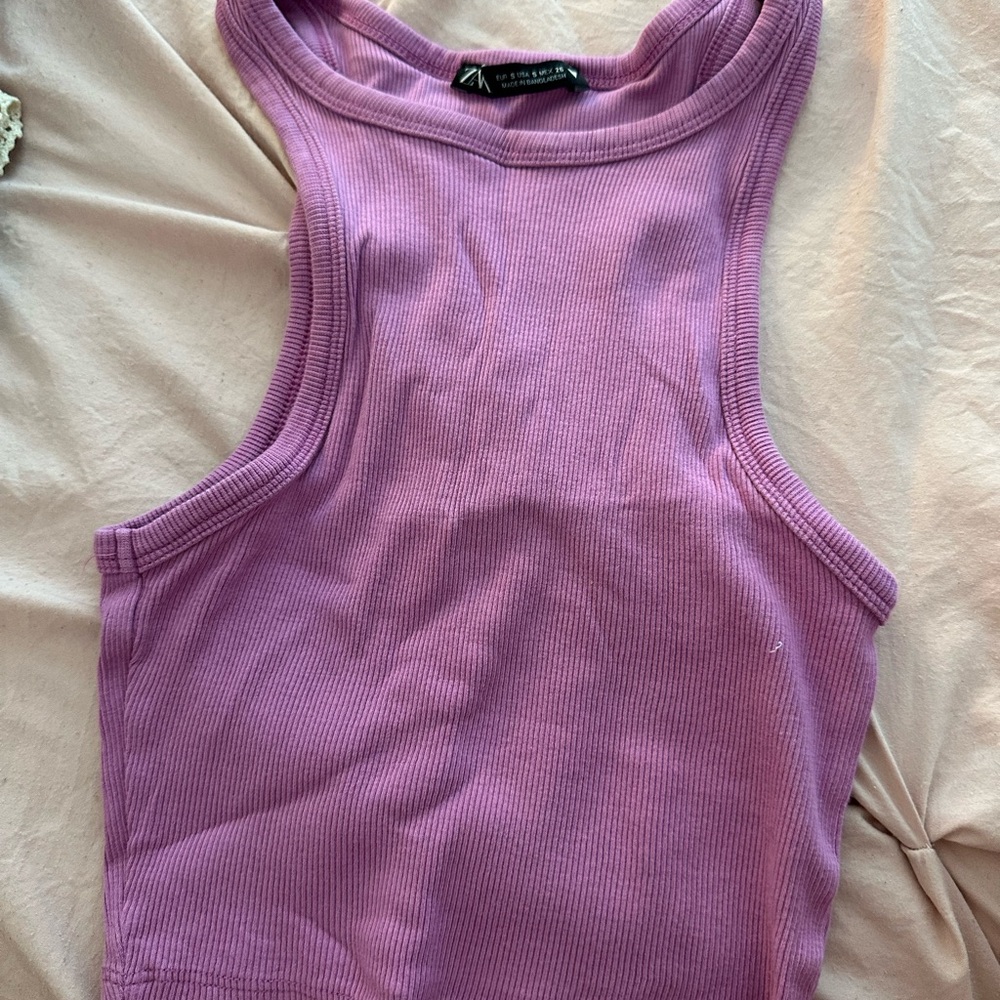 Zara Purple Crop Tank Top with Cut Out Sleeveless Design